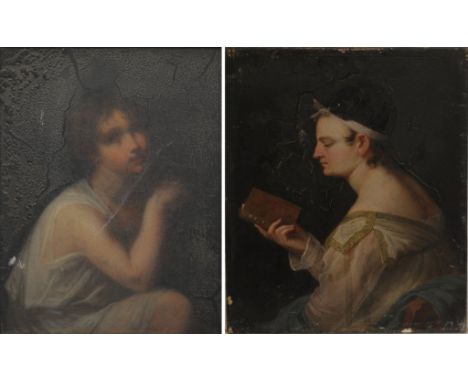 A pair of Italian 15th Century style paintings, 19th Century 
Painted depicting an Italian boy reading on book, 17cm x 13cm, 