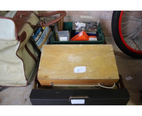 Box of tools including new Irwin drill items and Knotmaster boat depth finder