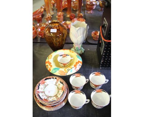 Glass vase, 2 Art Deco ceramics along with Longton cups and saucers