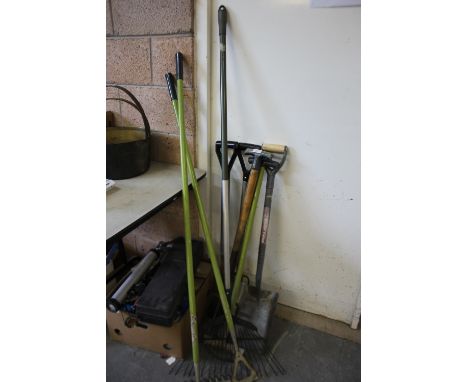 Various garden tools, rakes, shovel etc