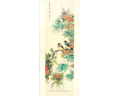 A Chen Ban Ding Chinese Republic scroll hand painted with two birds on a branch amongst foliage, signed and stamped.