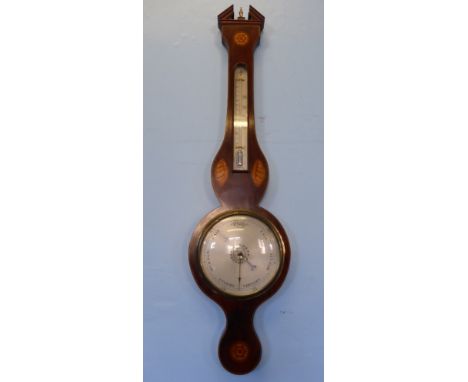 A Banjo Mahogany Barometer, shell form inlay with contemporary dial.