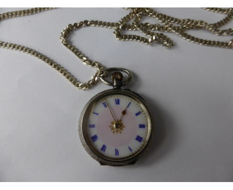 A Solid Silver Self Wind Open Face Pocket Watch, the watch having enamel face with blue Roman numerals, on solid silver neck 