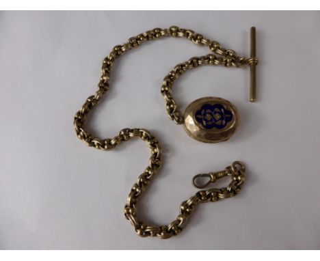 A 9 ct tested Fancy Link   Antique Fob Chain together with a 9 ct Gold Enamel Locket, Approx 32 gms