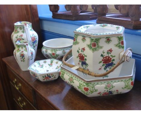 A Booths Silicon China Toiletry Set "Jacobean Shape", comprising shaving dish, chamber pot, small jug, water jug basin and sl