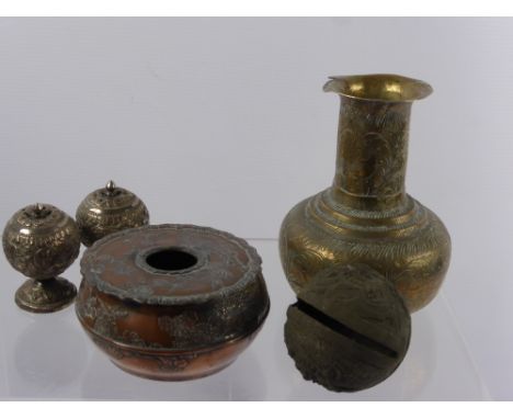 Miscellaneous Items, including an antique Tibetan tiger bell with mask decoration, a copper incense dish with applied prunus 