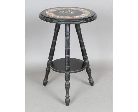 A late Victorian ebonized circular specimen table, the top inset with a pietre dure inlaid Derbyshire slate panel, finely inl