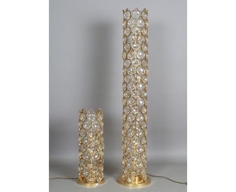 A mid-20th century German gilt metal and clear glass Sciolari style floor lamp by Palwa, the cylindrical frame supporting ove