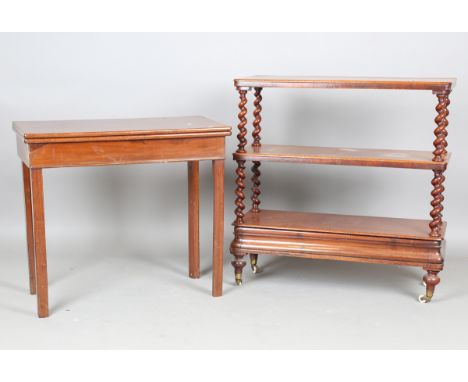 A mid-Victorian mahogany three-tier whatnot with barley twist supports and a cushion frieze drawer, height 90cm, width 88cm, 