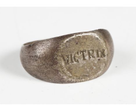 A Roman silver Victrix ring with inscribed oval bezel, width 2cm (repaired).Buyer’s Premium 29.4% (including VAT @ 20%) of th