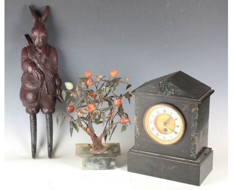 A modern composite Black Forest style hat rack in the form of a hare, height 49cm, a Victorian black slate mantel clock, heig