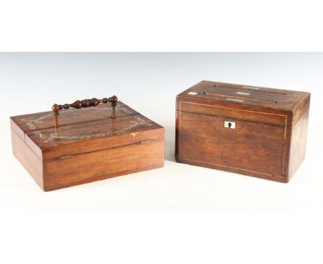 An early Victorian rosewood and boxwood inlaid letters box, the pierced lid with mother-of-pearl plaques inscribed 'Answered'