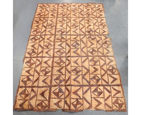 A South Seas tapa cloth, decorated with natural pigments with overall geometric forms, 190cm x 124cm.Buyer’s Premium 29.4% (i