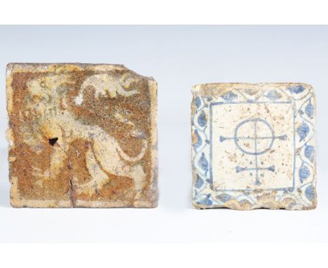 A medieval encaustic tile, probably 15th century, decorated with a lion rampant, 12.3cm x 12.2cm, together with another early