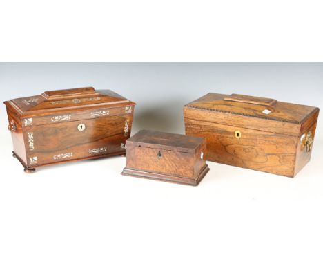 An early Victorian rosewood and mother-of-pearl inlaid tea caddy of sarcophagus form, width 33cm, another Regency rosewood te