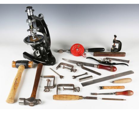 A group of geologist's equipment, including a compound microscope by J. Swift, two other microscopes and various tools. Prove