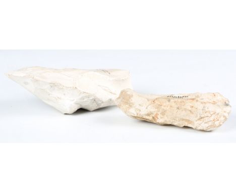 A Sussex-found Neolithic flint axe, probably a rough out, of all-over flaked form, detailed 'Long Down Halnaker 1967', length