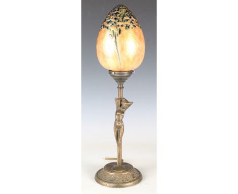 A modern cast brass figural table lamp with a Heron glass ovoid shade, height 46cm.Buyer’s Premium 29.4% (including VAT @ 20%