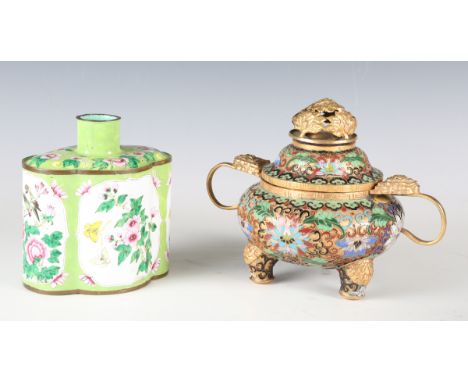 A Chinese enamel tea caddy, decorated with birds and flowers against a green quatrelobed ground, height 15cm, together with a