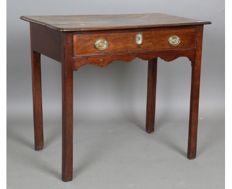 A George III mahogany side table, fitted with a single oak-lined drawer, height 71cm, width 81cm, depth 49cm (some faults).Bu