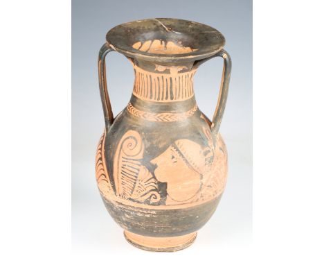 A Greek Apulian black glazed red figure twin-handled pelike, each side decorated with a profile portrait of a lady between la