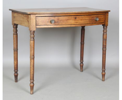 A late George III mahogany bowfront side table, fitted with a single frieze drawer, height 71cm, width 89cm, depth 50cm.Buyer