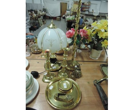 A selection of brass ware including candlesticks, smokers stand, tray and table lamp etc