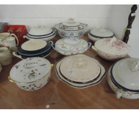Nine assorted ceramic tureens including Royal Staffordshire Chelsea Rose Dinnerware by Clarice Cliff
