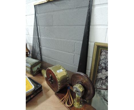 A set of vintage hand cranked bellows (with spare belts) and fireguard