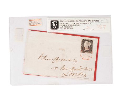 1840 1d. black on wrapper, plate 1a with good all four margins and light red mc cancel, addressed to William Chappell Eq, 20 