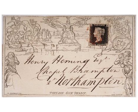 1840 1d. Mulready letter sheet with 1840 1d. black plate 2KF, the stamp four margin with light red mc cancel, Britannia cance