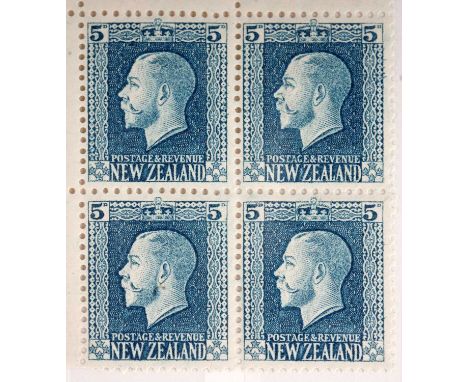 New Zealand George V 1922 5c. light blue, second perforation 14x14 1/4, plate 43 block of four in top left corner with plate 
