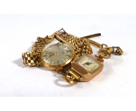A 9ct yellow gold cased ladies wristwatch by Rotary, the circular silvered dial with baton numerals on an articulated bracele