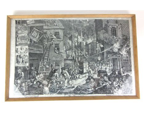 After Hogarth,'The Times',lithographic print on silk,50 x 79 cm,framed and glazed