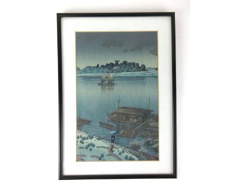 Utagawa School,junks moored on a river,woodblock print,35 x 23 cm,framed and glazed   CONDITION REPORT:  Original tape holdin