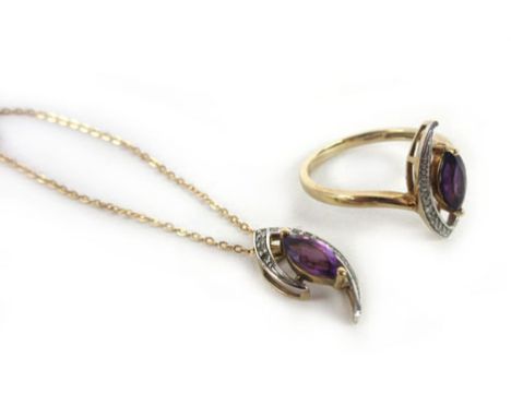 A 9ct yellow gold ring set marquise shaped amethyst within a diamond set border of openwork design, ring size M 1/2,2.2 gms, 