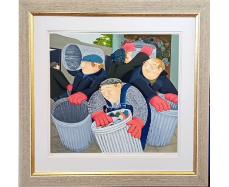 Beryl Cook (1926-2008) limited edition silkscreen print 'Dustbinmen' 15/300, with pencil signature and title, framed (unglaze