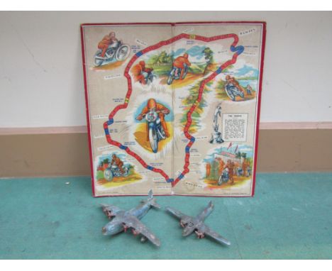 Two Palitoy Non-Flam plastic aeroplanes and Chad Valley motorcycle game board 