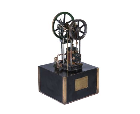  A model of a live steam Maudsley vertical over crank table engine,   the motion and two flywheels supported on four bright-w