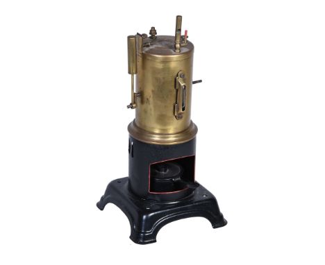  A possibly German tinplate toy steam engine,   the vertical brass boiler with sight-glass and whistle with small oscillating