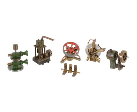  A collection of small steam related items and live steam engines,   to include a vertical engine supported on four turned co