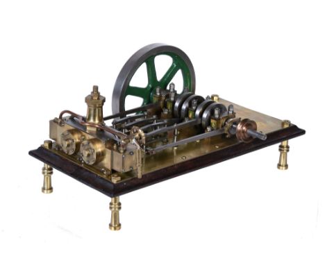  A well engineered model of a horizontal twin cylinder live steam mill engine,   set on polished brass mounted plinth and bei