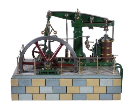  A well engineered model of a live steam M E Beam engine,   the beam supported on a turned bright-work central column with fi