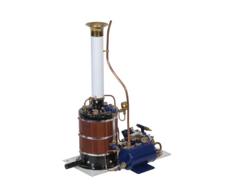 A Richmond twin cylinder live steam model boat engine, together with a Wharfdale vertical boiler having fitted pressure gauge