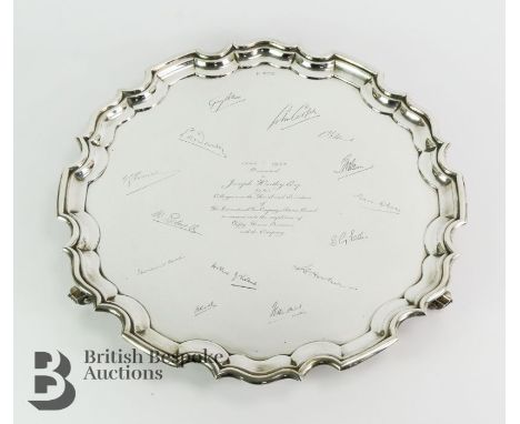 George VI large silver salver, pie-crust edge, Sheffield hallmark dated 1937, mm Walker &amp; Hall, for 50 years of service t