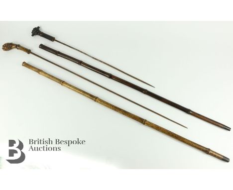 Bamboo sword sticks, the first sword measures 66 cms, the total length is 92 cms, with a hazel grip together with a cane swor