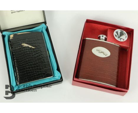 A boxed Jaguar leather covered spirits flask with filling funnel and a boxed Ronson cigarette case with fitted cigarette ligh