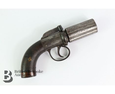 Un-named six-shot percussion pepper box pistol, bar hammer with engraved steel frame and cross hatch pistol grip, approx. 33c
