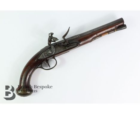 English brass-mounted officers pistol by Bailey, circa 1780, spurred pommel with pitted barrel -walnut stock, large calibre. 