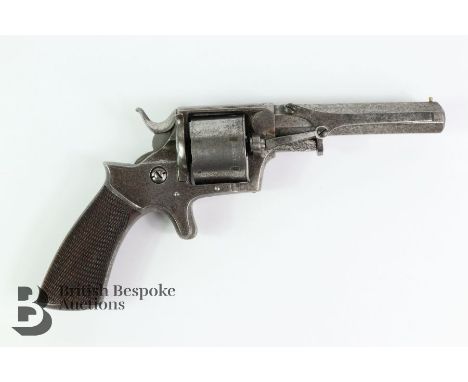 Unnamed English 7-shot rimfire obsolete calibre revolver with creeping rammer, worn condition, cross-hatched walnut grip appr